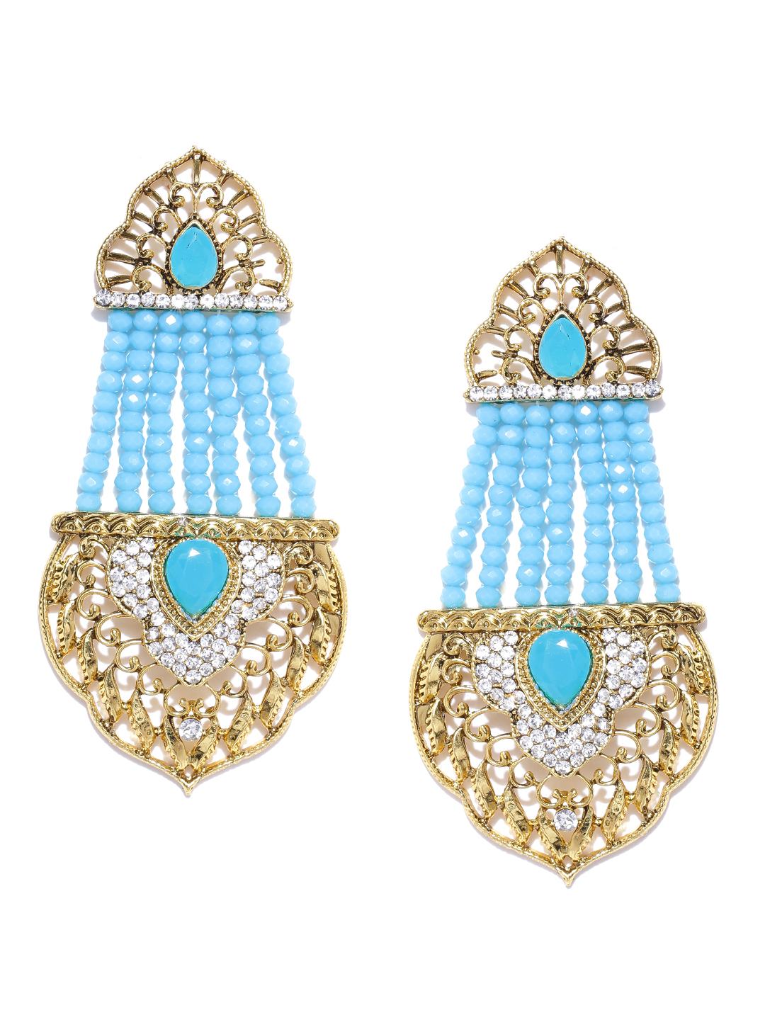 YouBella Blue Gold-Plated Stone-Studded Beaded Drop Earrings